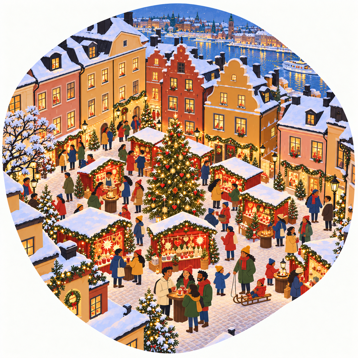Illustrated Swedish holiday market with snowy stalls, warm lights, and people gathering